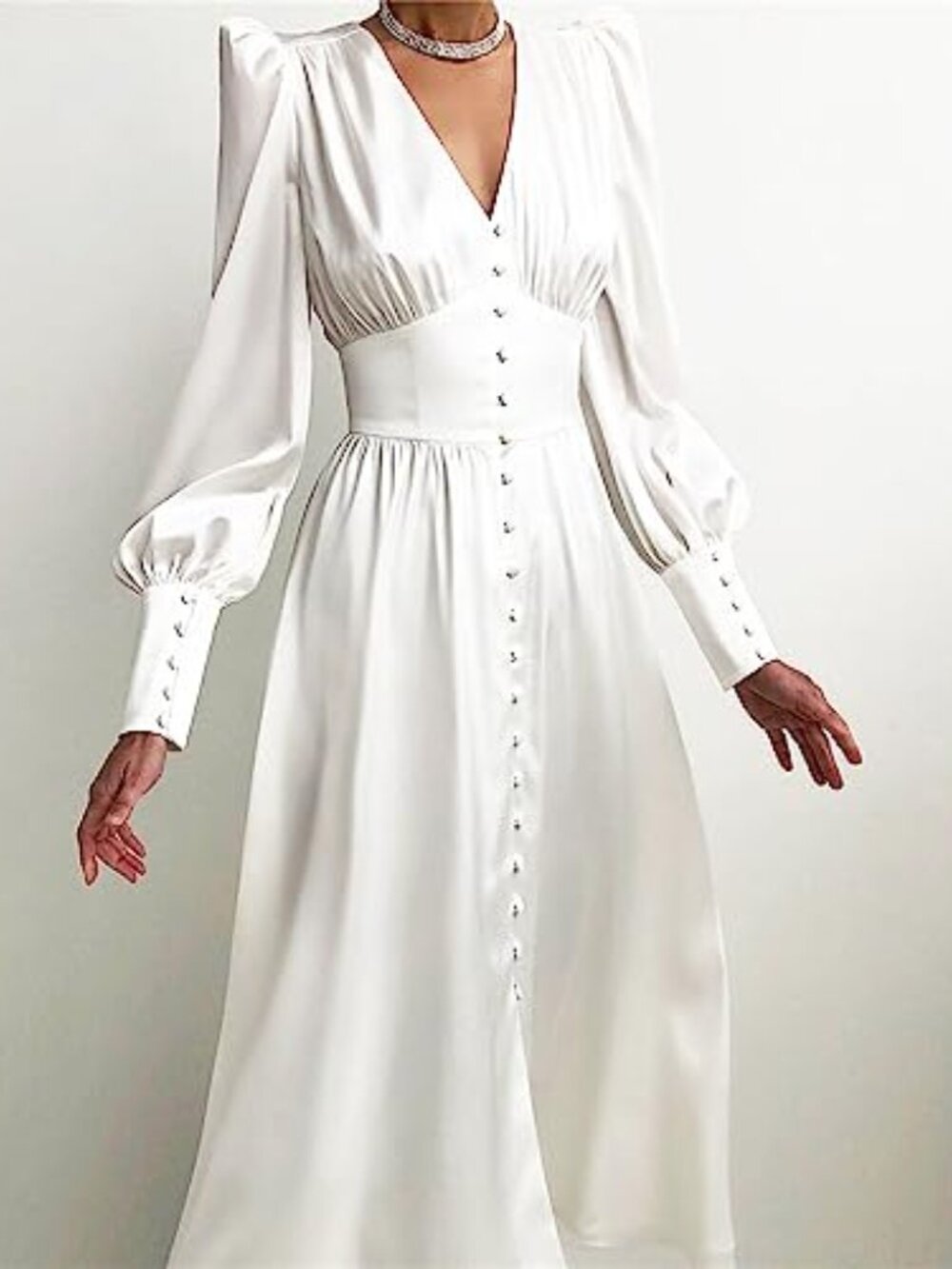 🆕 Women's V Neck Puff Sleeve Satin Maxi Dress Long Lantern Sleeve Button Down - Picture 3 of 4